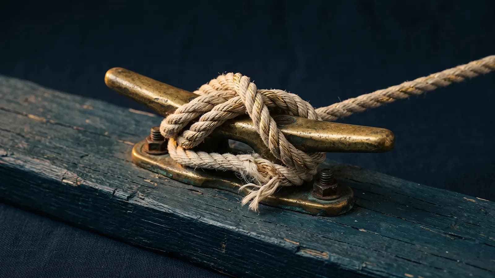 Cordage de chanvre noué autour d'un taquet de laiton sur une planche bleu nuit, un brin effiloché, un fil d'or dans l'autre