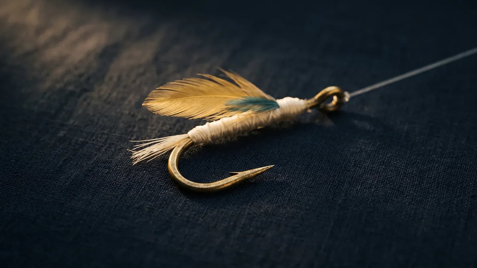 Mouche de pêche montée sur un hameçon de laiton, plume dorée et soie crème, fil tendu sur un lin bleu nuit