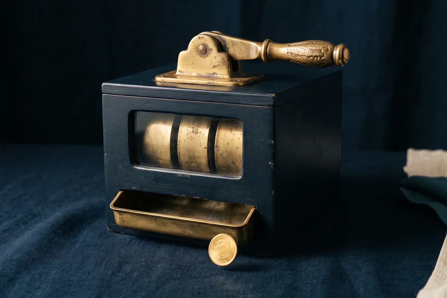 Coffret bleu nuit à rouleaux de laiton vierges surmonté d'un levier, une pièce d'or échappée du bac vide