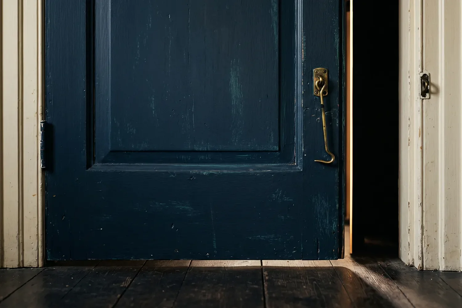 Porte de bois bleu nuit entrouverte sur un filet de lumière dorée, crochet de laiton décroché
