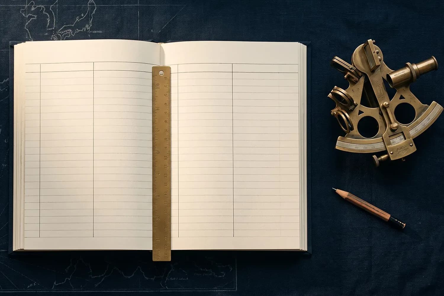 Carnet de bord ouvert aux colonnes vierges, une règle de laiton dans la reliure, un sextant et un crayon posés à côté